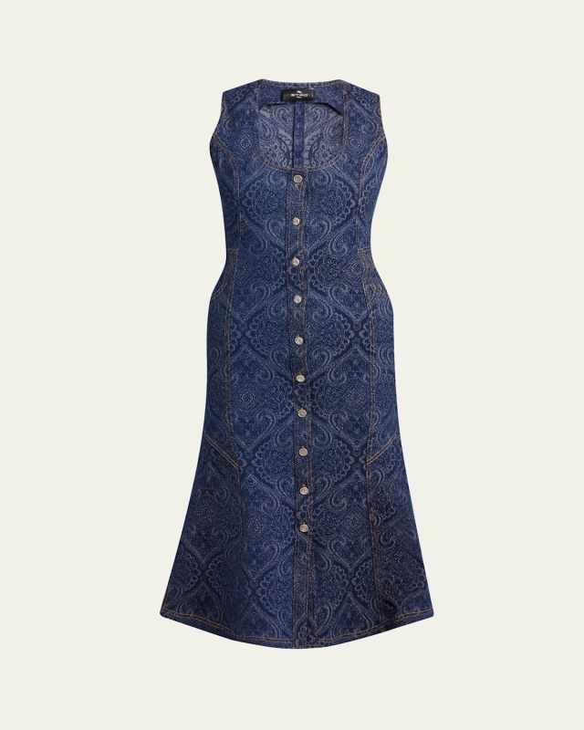 Button-Front Denim Paisley Midi Dress